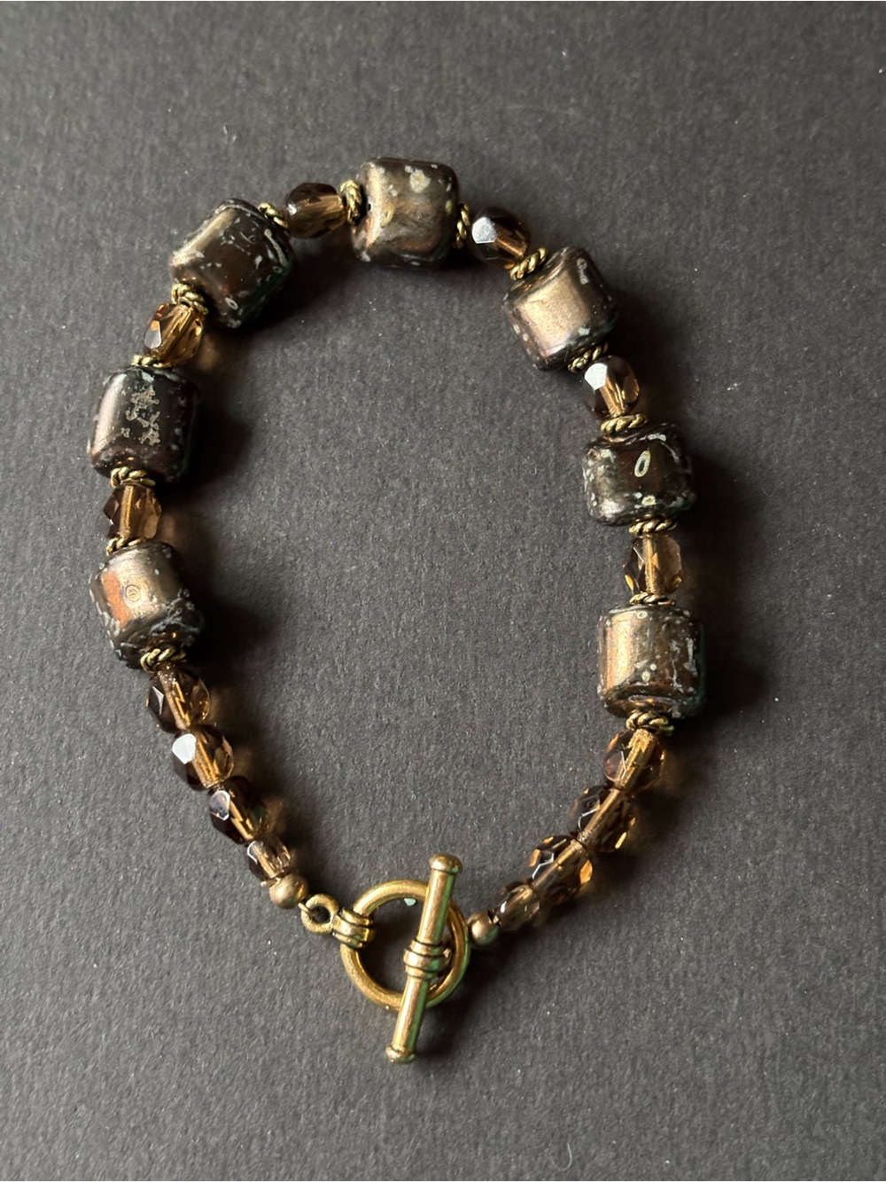 Artisan Lampwork Glass Bracelet | Earth Tone Toggle Crystal Beads - Picture 4 of 7
